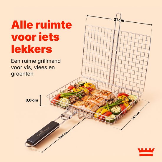 Grillmand BBQ – RVS Barbecue Grillmand met Deksel – 31 x 24,2 cm – Met 2 Uitneembare Verdelers – Afneembaar Handvat – Voor Vis, Vlees & Groenten