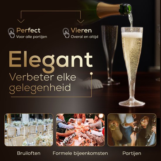 Plastic Champagneglazen - 120 Stuks - Gouden en Zilveren Glitter - Voor Bruiloften, Verjaardagen & Feesten, 135ml - Herbruikbaar