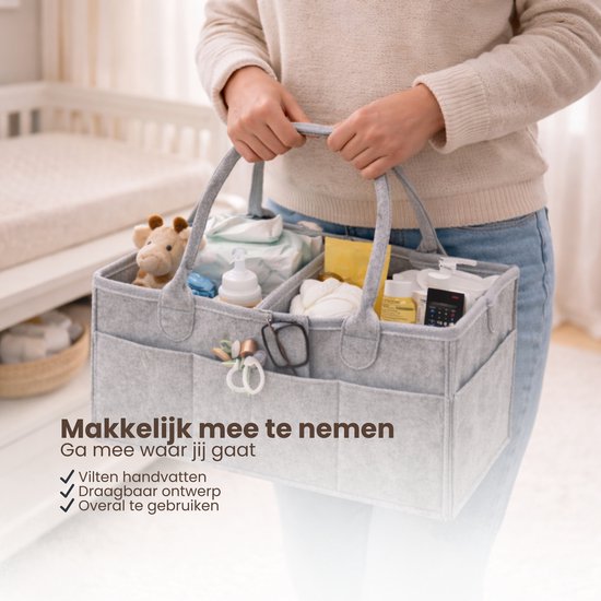 Luiertas Vilt - Grijs - Vilt - 32 x 22 x 19 cm - Luier Organizer - Draagbare Organiser met Handige Vakken - Verzorgingstas