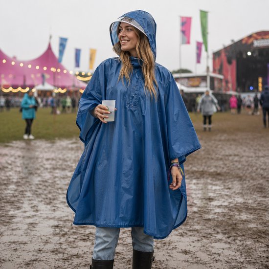Regenponcho Volwassenen – Fietsponcho Waterdicht – Regenjas met Capuchon en Transparant Vizier – Herbruikbaar – Festival, Camping en Wandelen – Blauw