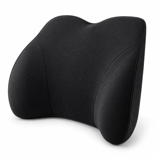 Rugsteun voor Bureaustoel & Auto – Ergonomisch Rugkussen met Traagschuim – Lendensteun met Verstelbare Band – 45 x 28 x 12 cm – Zwart