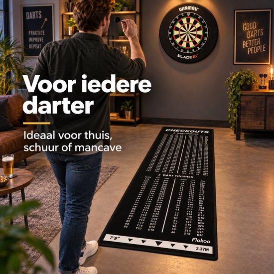 Dartmat met Oche & Checkout Tabel – 237 x 57 cm – Dartmat met Werplijn 2,37 m – 2 & 3 Dart Finishes – Antislip Dartmat – Zwart
