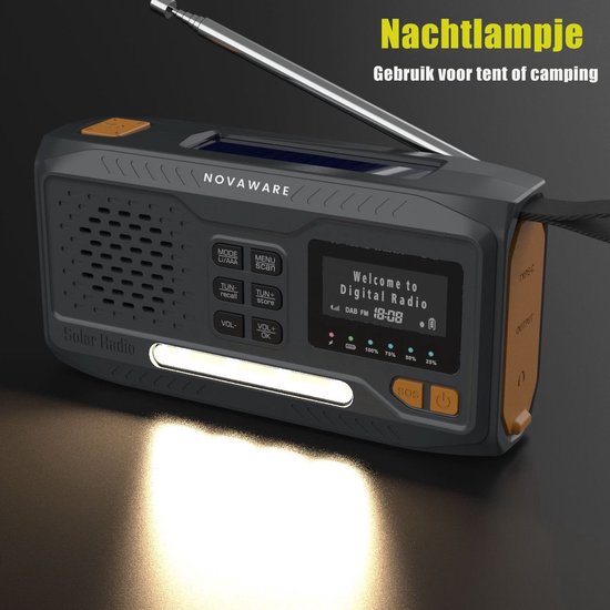 NovaWare® Noodradio Solar Opwindbaar - Powerbank Zonneenergie met 4500mAh - DAB+-FM - Noodpakket - Bluetooth speaker - Draagbare Radio – Oplaadbaar & Op Batterijen - Grijs