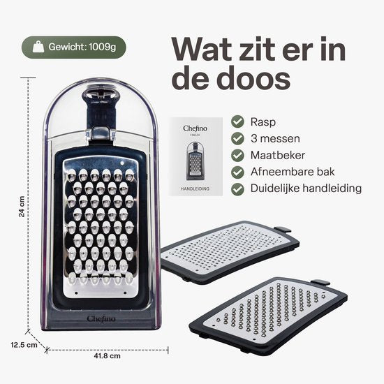 Kaasrasp met Opvangbak – RVS Groenterasp – Keukenrasp met Container – 3 Verwisselbare Raspbladen – Handrasp voor Kaas, Groenten en Citroenrasp – Antislip
