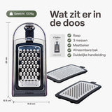 Kaasrasp met Opvangbak – RVS Groenterasp – Keukenrasp met Container – 3 Verwisselbare Raspbladen – Handrasp voor Kaas, Groenten en Citroenrasp – Antislip
