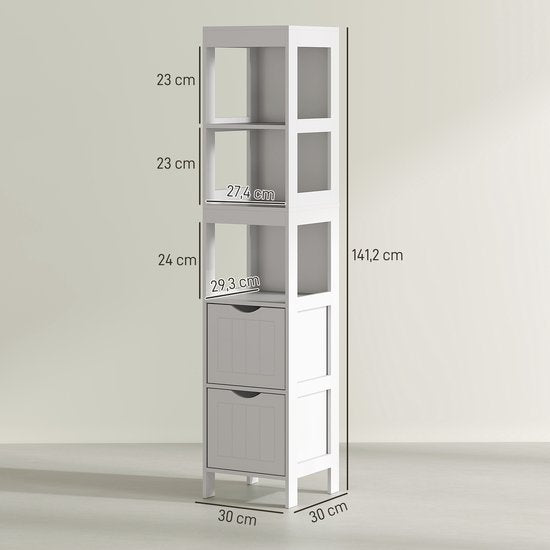 Badkamerkast - Kolomkast 2 lades en 3 planken 30x30x141 cm - Wit