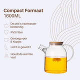 GREENKY® Glazen theepot met filter en bamboe deksel- Theekan - Duurzaam - Filter - Theehouder - Theeglas - Fruitkan - Schenkkan - Teapot - 1,6Liter - 1600ml