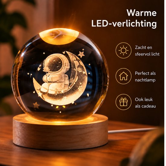DMG Supply 3D Kristallen Bol Lamp - USB Oplaadbaar - LED Lamp - Nachtlamp - Tafellamp - Bureaulamp