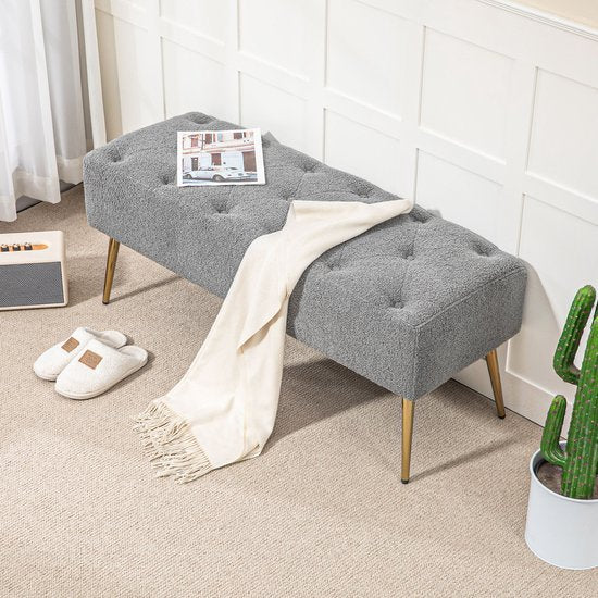Bedbank met Gouden poten gestoffeerd lamswol optiek 41x112x46cm - Grijs