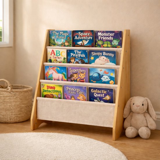 Kinderboekenkast - Bruin - Hout met Linnen - Kinderboekenrek - Boekenrek Kinderkamer