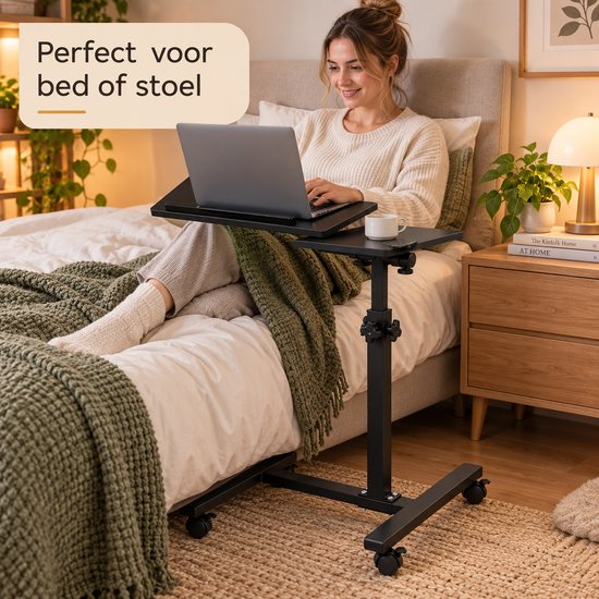 Laptoptafel Verrijdbaar – In Hoogte Verstelbare Laptopstandaard – Kantelbaar Werkblad met Zijtafel – Mobiele Bedtafel op Wielen – 57 cm – Zwart