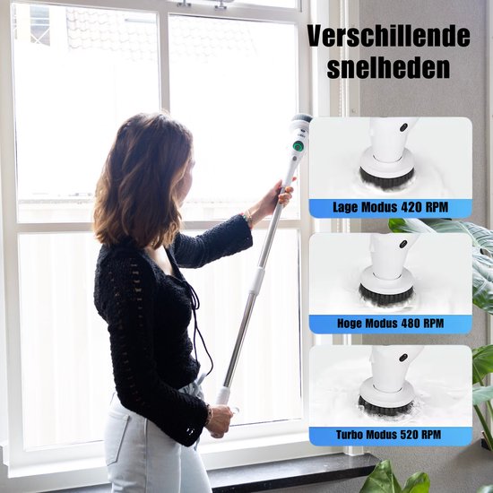 Lodgy® Elektrische Schoonmaakborstel - Schoonmaakborstel - Schrobber met Steel - Schrobmachine - Schrobborstel - Wasborstel met Telescopische Steel - 7 Opzetstukken