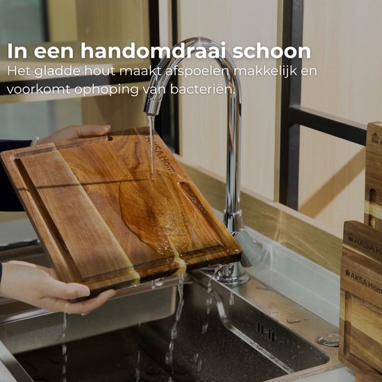 AKSA Home® 4-Delige Snijplankenset met Houder - Houten Snijplank met Sapgeul voor Keuken - Serveerplank - Kaasplank - Borrelplank - Acaciahout