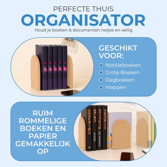 NovaWare® Boekensteun - 4 Stuks - Boekensteunen - Plank Organizer - Boekenhouder – Boekenrek - Boeksteun - Beukenhout