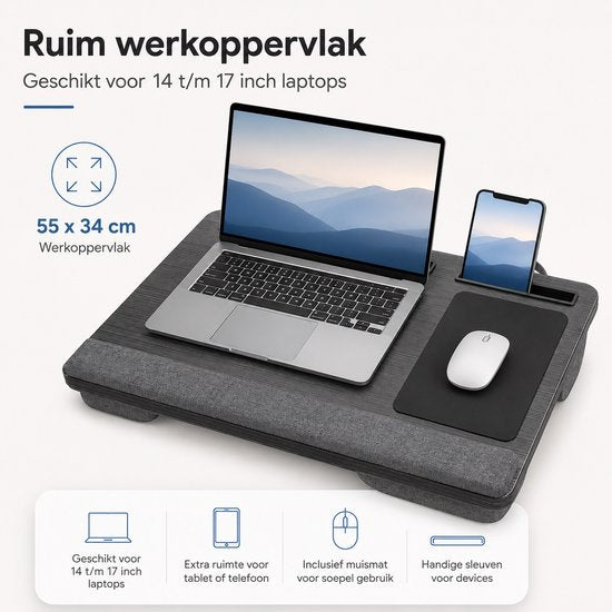 Laptoptafel voor op Schoot – Laptopkussen – Laptopbureau – Laptopstandaard – Met Muismat – Tablet- en Telefoonsleuf – Geschikt voor 14 t-m 17 Inch Laptops – Grijs