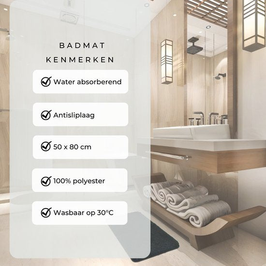 AKSA Home® Badmat 50x80 cm - Douchemat antislip - Badmat antislip - Badkamermat - Vloerkleed - Zwart