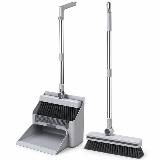 Bezem en Stoffer en Blik met Lange Steel – 4-in-1 Schoonmaakset – Staand Stofblik met Schoonmaaktanden – Vloerborstel met 180° Draaibare Kop – Compact Opbergbaar – Grijs