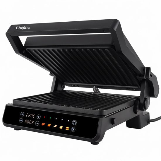 Chefino Forza Digitale Contactgrill - XL - 2000W - PFAS-vrij, uitneembare platen & 5 kookstanden - Groot Formaat - Tosti ijzer - Panini maken - Grill Apparaat - 180 graden uitklapbaar - Tosti Apparaat