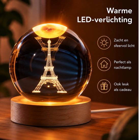 DMG Supply 3D Kristallen Bol Lamp - USB Oplaadbaar - LED Lamp - Nachtlamp - Tafellamp - Bureaulamp