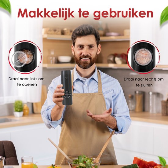 Vesfy Elektrische Peper en Zoutmolen Set - Oplaadbaar met Laadstation - Instelbare Maalgraad - LED-Licht - Pepermolen