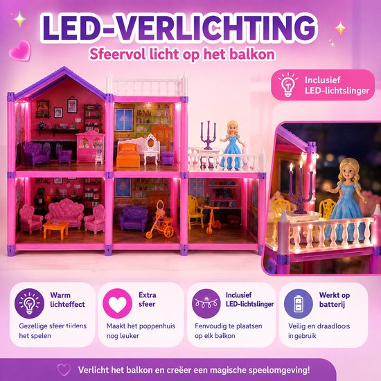 DMG Supply Groot Poppenhuis - Hoog - Meerdere Verdiepingen - Poppen - Meubels