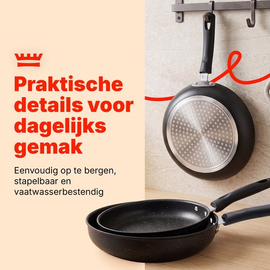 Koekenpannenset 3-delig – PFAS-vrij – 20 cm, 24 cm & 28 cm – Antiaanbak Koekenpannen – Geschikt voor Inductie, Gas, Elektrisch en Keramisch – Zwart