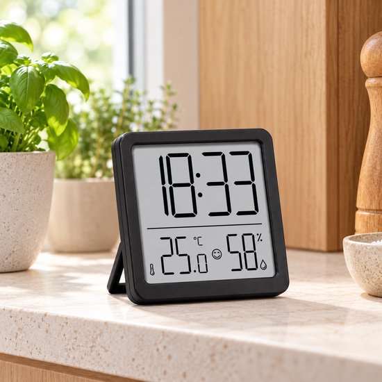 Digitale Thermometer Hygrometer met Klok – Binnen Thermometer – Luchtvochtigheidsmeter – Groot LCD Display – Temperatuur, Luchtvochtigheid & Tijd – Zwart