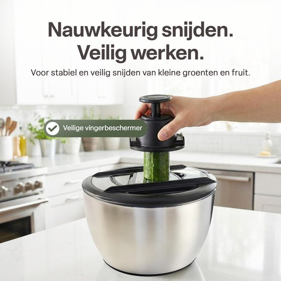 Slacentrifuge RVS 5L met Snij- en Raspmessen – Salade Spinner – Sladroger – Slakom met Mandoline – Groentesnijder – Julienne Snijder – RVS Mengkom