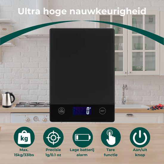 AKSA Home® Digitale Precisie Keukenweegschaal – Weegschaal Keuken - USB Oplaadbaar - 1gr tot 15kg – Tarra Functie - Inclusief Twee Batterijen - Zwart