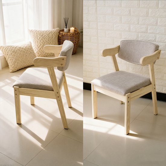 Houten Eetkamerstoel met Armleuning en Grijs Kussen – Scandinavisch Design – Comfortabele Keuken- en Woonkamerstoel – 73x50x50 cm