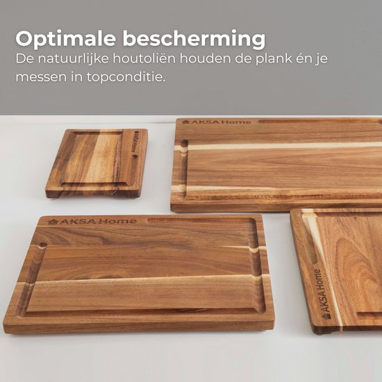 AKSA Home® 4-Delige Snijplankenset met Houder - Houten Snijplank met Sapgeul voor Keuken - Serveerplank - Kaasplank - Borrelplank - Acaciahout