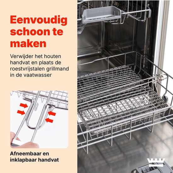 Grillmand BBQ – RVS Barbecue Grillmand met Deksel – 31 x 24,2 cm – Met 2 Uitneembare Verdelers – Afneembaar Handvat – Voor Vis, Vlees & Groenten