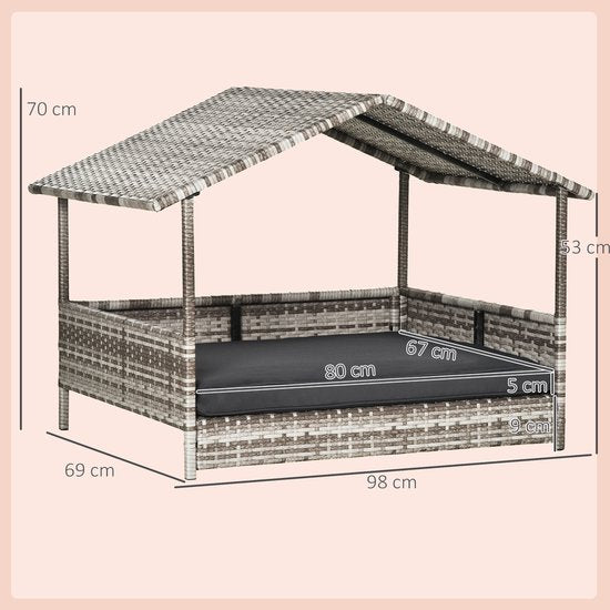 Rattan Hondenbed in huis vorm met Kussen 69x98x70 cm