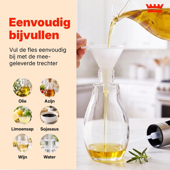 Oliespray 200 ml – Olieverstuiver voor Koken, Airfryer & BBQ – Fijne Verneveling – Glazen Oliespuit – RVS Drukknop – Inclusief Trechter, Reinigingsborstel & Bakkwast