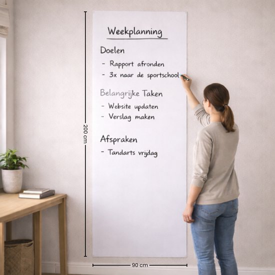 FLOKOO Whiteboard Sticker XL Zelfklevend (200 x 45 cm) met 4 Stiften met Wisser - Whiteboard Folie - Beschrijfbare Muursticker - Whiteboardsticker - Whiteboardfolie - Schoolbord Folie - Memobord Folie