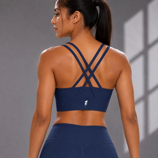 SparkNine Elevate sport-bh - S - donkerblauw - gekruiste rug - push-up effect - stevige ondersteuning - met uitneembare pads