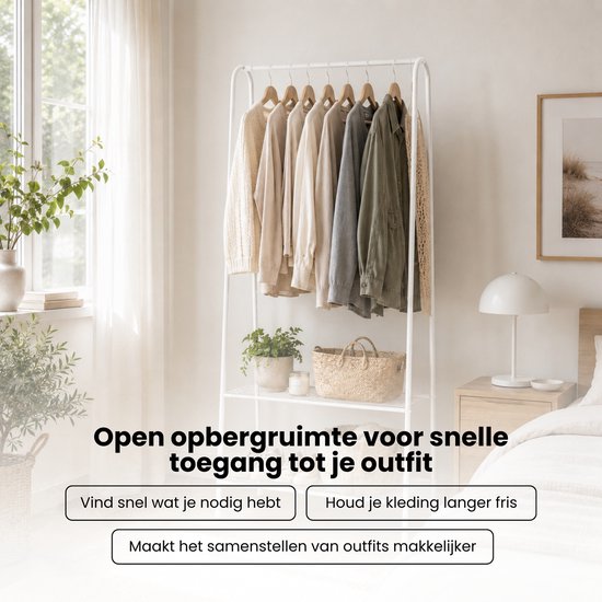 Kledingrek Staand – Kledingrek met Planken – Garderoberek Metaal – Open Kast – Kapstokrek – Wit – Voor Slaapkamer en Hal