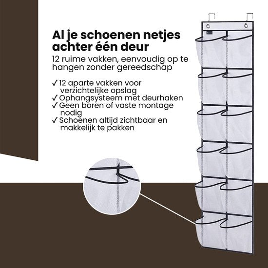 Schoenenkast Hangend - Schoenenzak 12 vakken - Opbergen van Schoenen aan Deur - Schoenenzak Wit - Oplossing voor rondslingerende schoenen - Hoogwaardige Schoenenkast