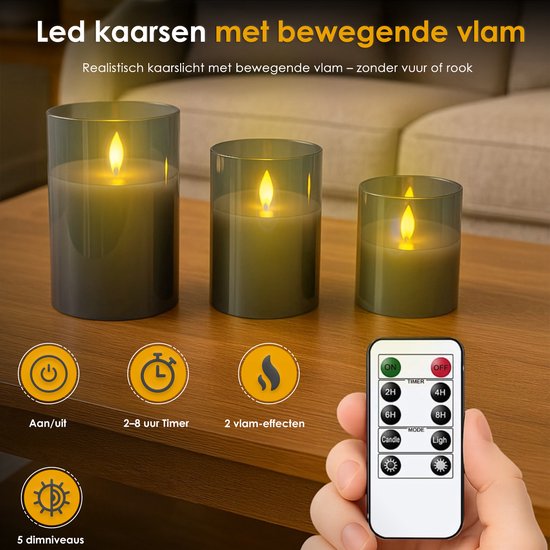 Pro Led Kaarsen met Bewegende Vlam en Afstandsbediening - Set van 3 - Timer en Dimfunctie - Kaarsen op batterijen