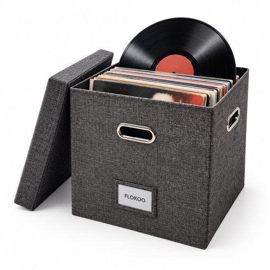 LP Opbergsysteem - Opbergbox met Deksel – Vinyl Opbergbox voor 50+ Platen – 33 x 33 x 33 cm – Platenkoffer met Handgrepen & Labelhouder – Donkergrijs