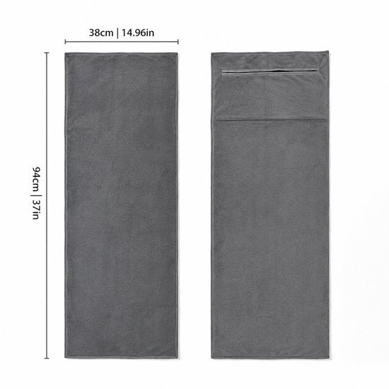 SparkNine Microvezel Handdoek - met ritsvak - S - 38x94 cm - grijs - handig & functioneel - sneldrogend - absorberend & super zacht