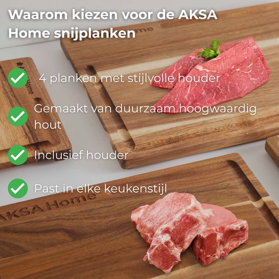 AKSA Home® 4-Delige Snijplankenset met Houder - Houten Snijplank met Sapgeul voor Keuken - Serveerplank - Kaasplank - Borrelplank - Acaciahout