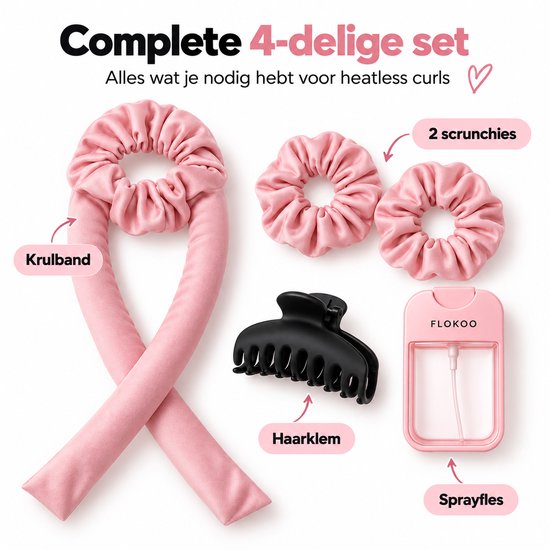 Heatless Curls Set 5-delig – Krullen Zonder Hitte – Satijnen Krulband 98 cm – Inclusief 2 Scrunchies, Haarklem & Sprayfles – Roze