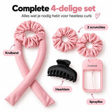 Heatless Curls Set 5-delig – Krullen Zonder Hitte – Satijnen Krulband 98 cm – Inclusief 2 Scrunchies, Haarklem & Sprayfles – Roze