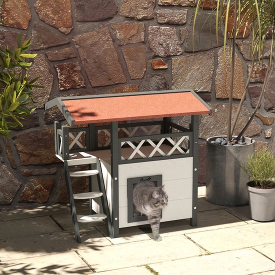 4goodz kattenhuis 2 laags 77x50x73cm - Wit-Rood