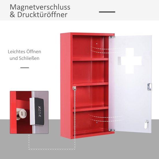 4goodz Medicijnkastje EHBO-kastje met slot RVS 12x30x60 cm - Rood