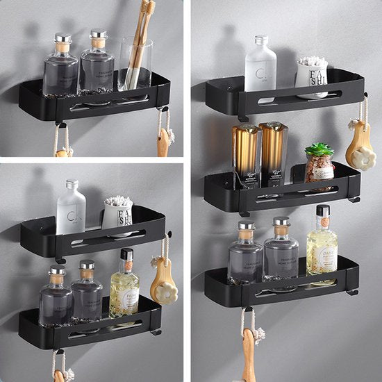 Badkamer Wandplank Zwart – Metalen Doucherek 30 cm – RVS Badkamerrek met Afwatering – Shampoo & Toiletaccessoires Organizer