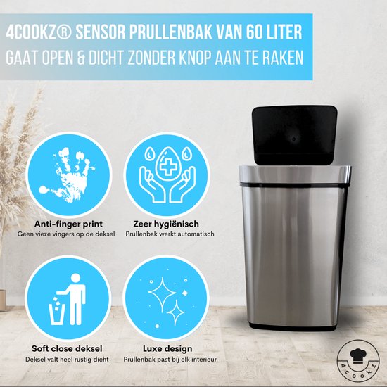 4cookz® Sensorprullenbak 60 liter - RVS Prullenbak