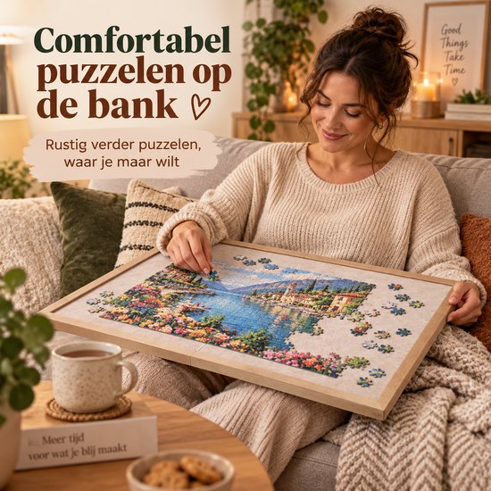 Opvouwbaar Puzzelbord voor 1000 Stukjes – Puzzelmat & Puzzelplaat 80 x 60 cm – Draagbaar Puzzelbord met Beschermhoes – Antislip Oppervlak – Beige