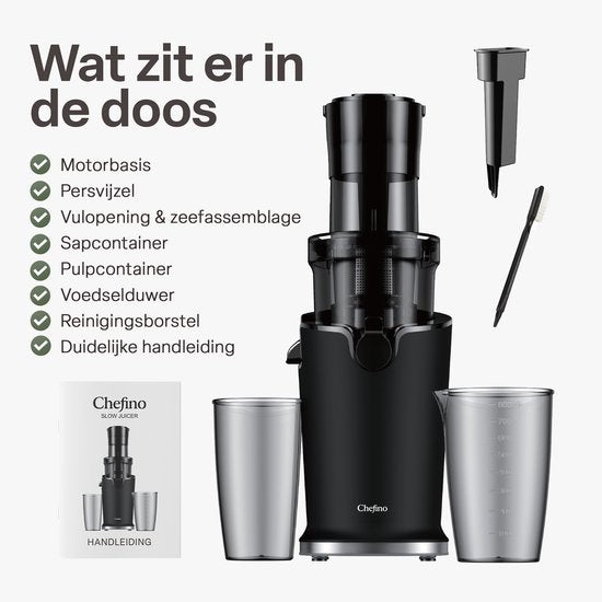 Chefino Slowjuicer – Koude Pers Sapcentrifuge – Extra Brede Vultrechter 9 cm – Stille High-Torque Motor – Dubbel Filtersysteem – Hoog Saprendement – Makkelijk te Reinigen